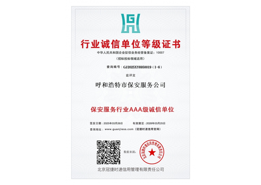 行業(yè)誠(chéng)信單位證書